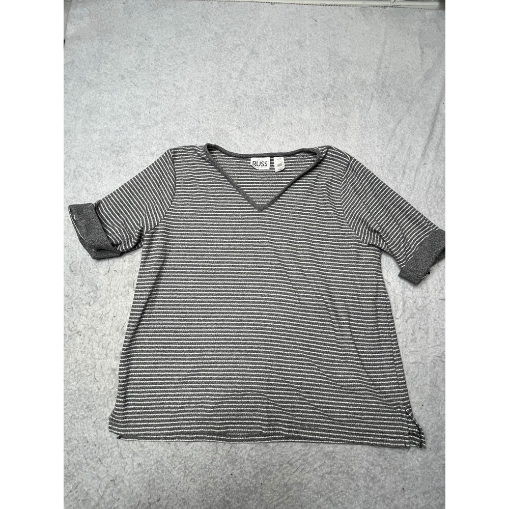 Russ Liz Claiborne Womens XL Grey Striped V-Neck Short Sleeve Cuffed Top‎ 16/18
